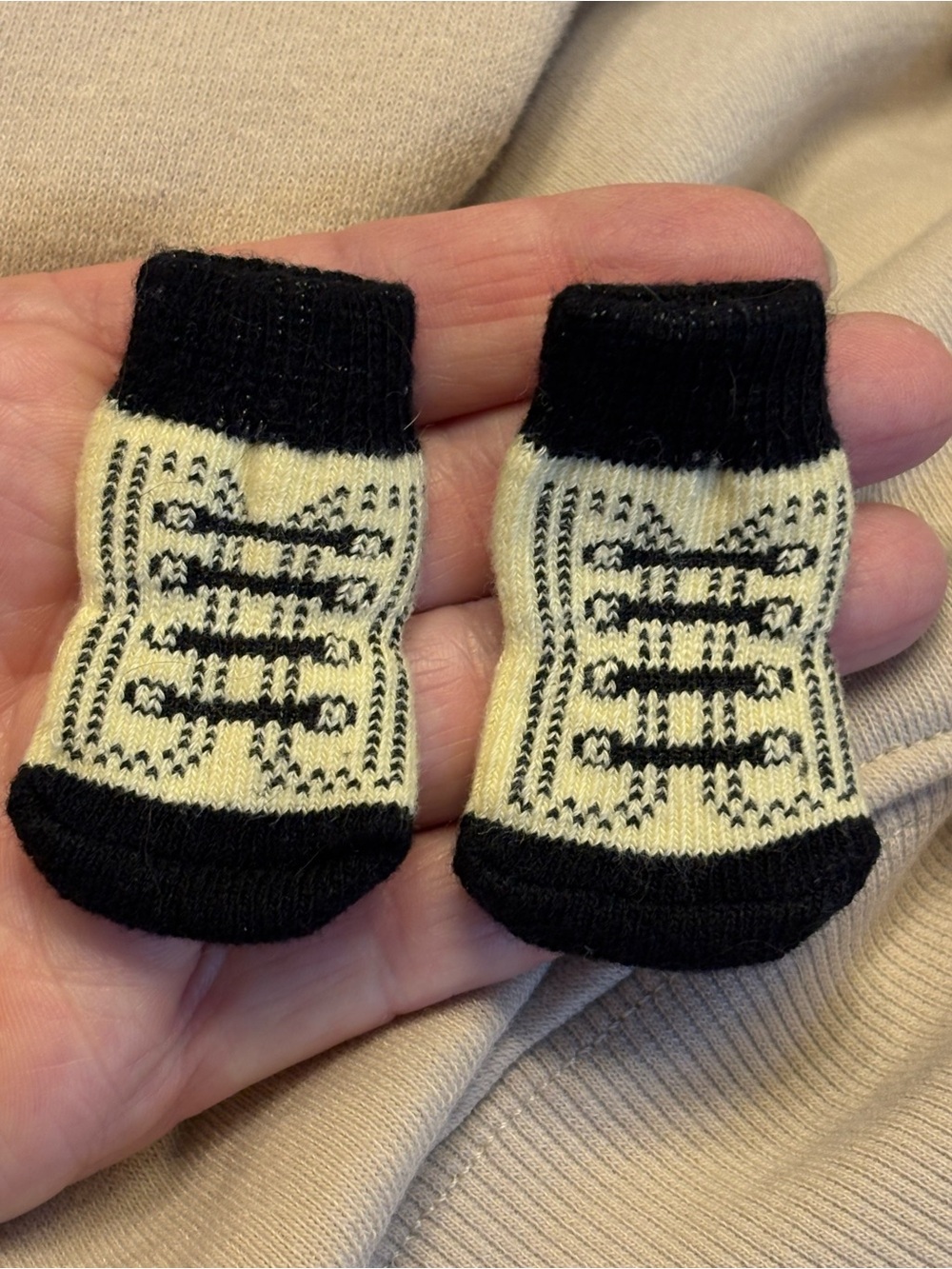 Black & Cream Dog Socks with Lace-Up Knit Design XS 2”